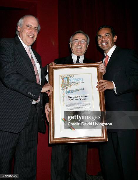 Los Angeles Mayor Antonio Villaraigosa present SACEM/Franco-American Cultural Funds board Bernard Miyet and Motion Picture Association of America...