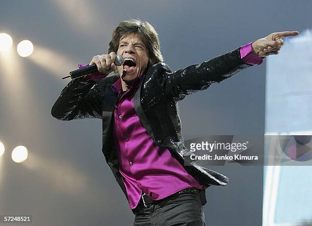 Mick Jagger of The Rolling Stones performs during a concert at Saitama Super Arena on April 2, 2006 in Saitama, Japan. The Rolling Stones are in...