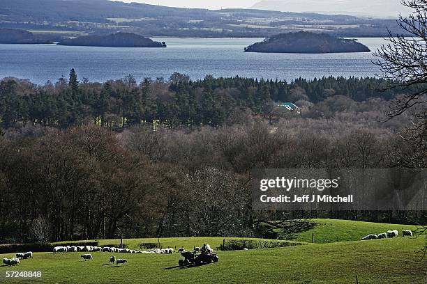 Farm worker is seen feeding sheep at Shantron farm on April 4 Glasgow, Scotland.The traditional spring lambing season is under way with hundreds of...