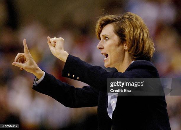 Head coach Gail Goestenkors of the Duke Blue Devils shouts instructions during their game against the Maryland Terrapins in the 2006 NCAA Women's...