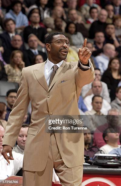Sam Mitchell, coach of the Toronto Raptors, relays a message to his team during a game against the Boston Celtics on April 4, 2006 at the Air Canada...