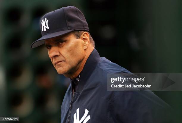 Manager Joe Torre of the New York Yankees looks on against the Oakland Athletics on April 4, 2006 at McAfee Coliseum in Oakland, California.