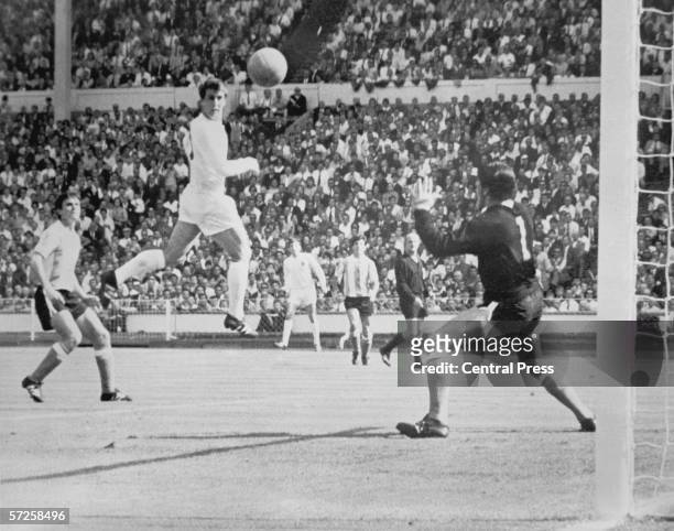 Geoff Hurst scores during England's World Cup quarter final against Argentina at Wembley. 23rd July 1966. England won the match 1-0.