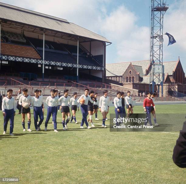 The North Korean team on the pitch at Goodison Park before their quarter final match against Portugal during the 1966 World Cup in England, 23rd July...