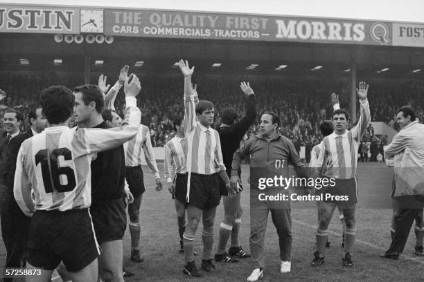 The Argentinian football team waving to the Villa Park crowd after a 0-0 draw with West Germany in their Group B match during the 1966 World Cup in...