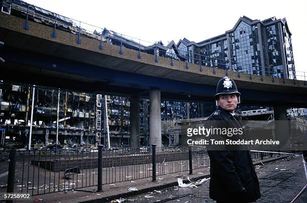 The scene at Canary Wharf, East London, after the IRA detonated a huge bomb destroying buildings and businesses.