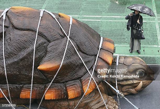 Japanese monster movie character GAMERA is pictured at a photocall for the new movie "GAMERA," on April 5, 2006 in Ibaraki, Japan. The movie is...