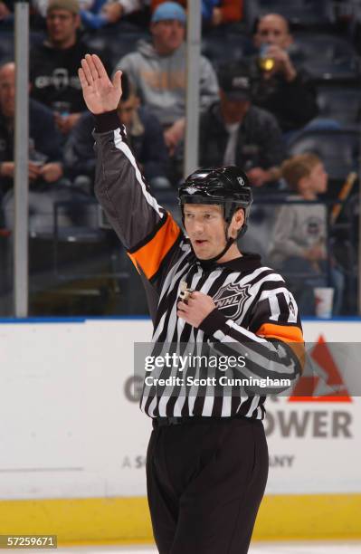 Referee Rob Martell of the Atlanta Thrashers signals a penalty against the Philadelphia Flyers on March 18, 2006 at Philips Arena in Atlanta,...