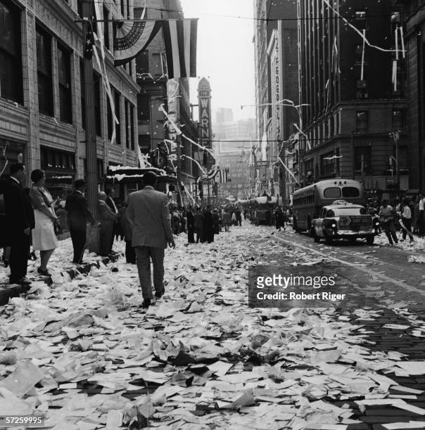 Ticker tape, paper and debris lines 5th Avenue as the people of Pittsburgh take to the streets celebrate the Pirates World Series Victory over the...