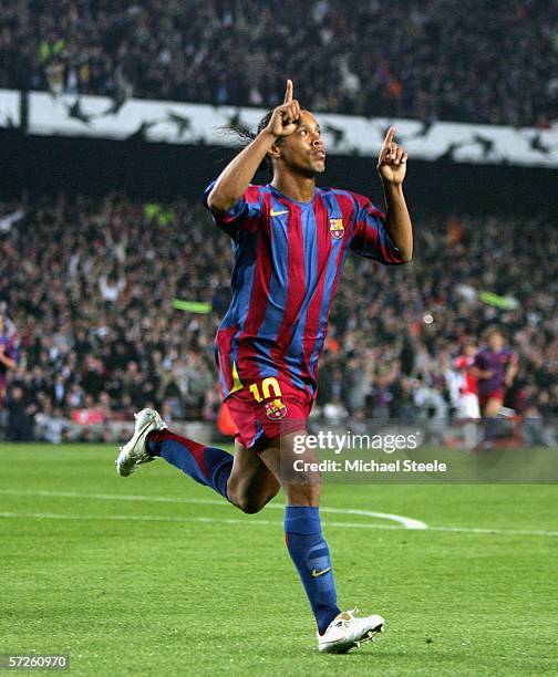 Ronaldhino of Barcelona celebrates scoring during the Champions League Quarter Final second leg match between Barcelona and Benfica at Camp Nou on...