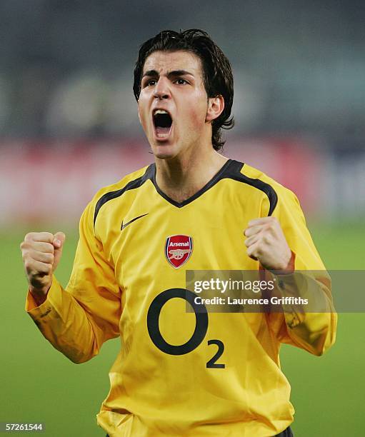 Cesc Fabregas of Arsenal celebrates victory on the final whistle as his side progress to the Semi Finals after the UEFA Champions League Quarter...