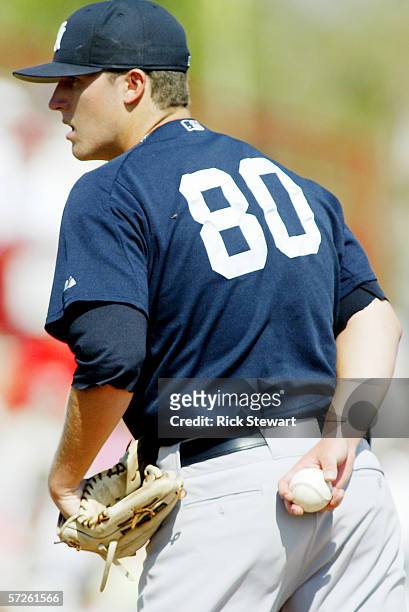 Phil Hughes of the New York Yankees pitches during the game against the Cincinnati Reds on March 10, 2006 at Ed Smith Stadium in Sarasota, Florida.