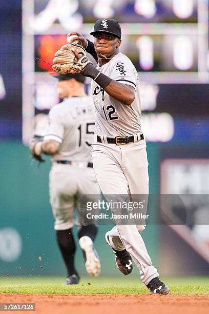 Shortstop Tim Anderson of the Chicago White Sox throws out Jason Kipnis of the Cleveland Indians at first to end the third inning at Progressive...