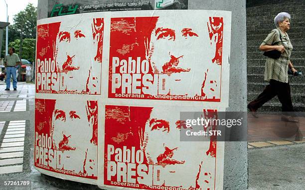 Posters with the portrait of late leader of Colombian drug cartel Pablo Escobar, killed by police in Medellin in 1993, that read "Pablo for...