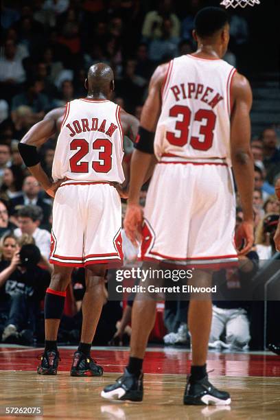 Michael Jordan and Scottie Pippen of the Chicago Bulls during game four of the 1998 NBA Finals against the Utah Jazz at Chicago Stadium on June 10,...