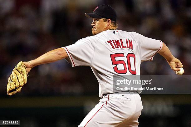 Pitcher Mike Timlin of the Boston Red Sox delivers a pitch against the Texas Rangers on April 5, 2006 at Ameriquest Field in Arlington, Texas.