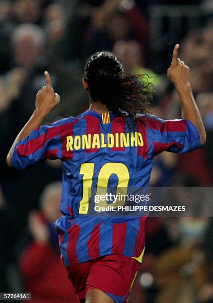 Barcelona's Ronaldinho celebrates after scoring against Benfica to make it 1-0 during their Champions League quarter-final second leg football match...