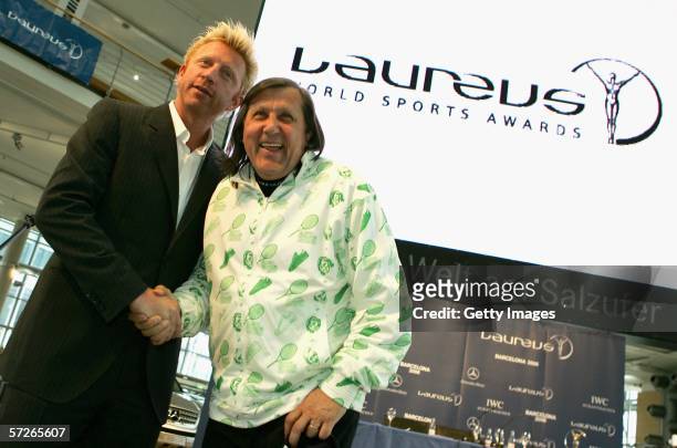 Laureus World Sports Academy members Boris Becker and Ilie Nastase pose during the announcment of the nominations for the 7th annual Laureus World...