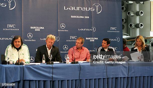 Laureus World Sports Academy members Ilie Nastase and Boris Becker sit alongside Christoph Langen, Michael Teuber and Franziska van Almsick as they...