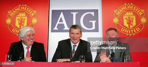 David Gill of Manchester United speaks to the media at the press conference to announce the club's new shirt sponsors AIG at Old Trafford on April 6...