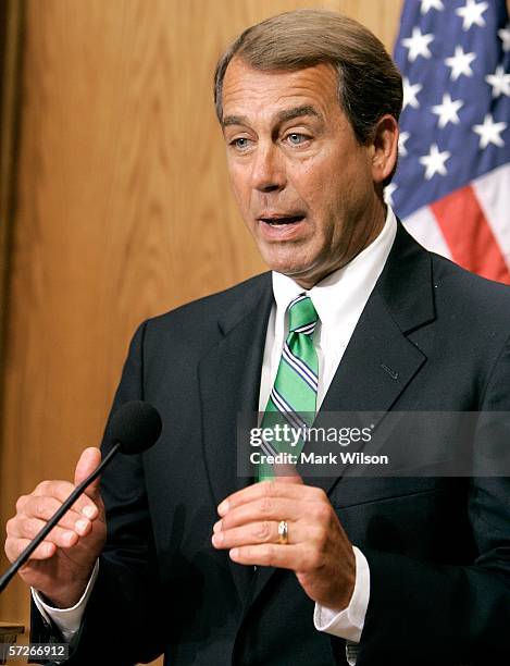 House Majority Leader John Boehner speaks during a news conference at the U.S. Capitol, April 6, 2006 in Washington, DC. Boehner spoke about subjects...