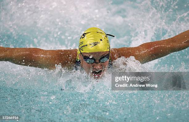 Brooke Hanson of Australia action during the semi-finals of the women's 100m individual medley at the FINA World Swimming Championships on April 6,...