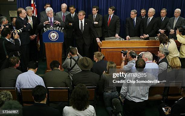 Joined by members of the Senate from both sides of the aisle, U.S. Sen. Ted Kennedy addresses a news conference at the Capitol April 6, 2006 in...