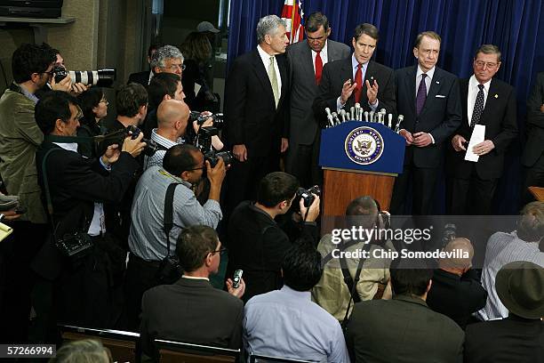 Joined by members of the Senate from both sides of the aisle, U.S. Senate Majority Leader Bill Frist addresses a news conference at the Capitol April...