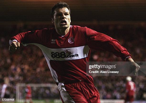 Mark Viduka of Middlesbrough celebrates after scoring his second goal during the UEFA Cup Quarter-Final second leg match between Middlesbrough and FC...
