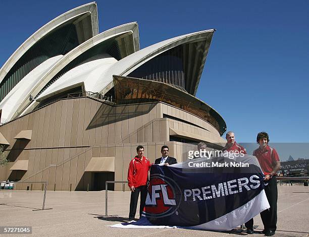 Leo Barry of the Swans, AFL CEO Andrew Demetriou, Swans CEO Richard Colless, Barry Hall and Brett Kirk of the Swans pose with the Premiership flag...