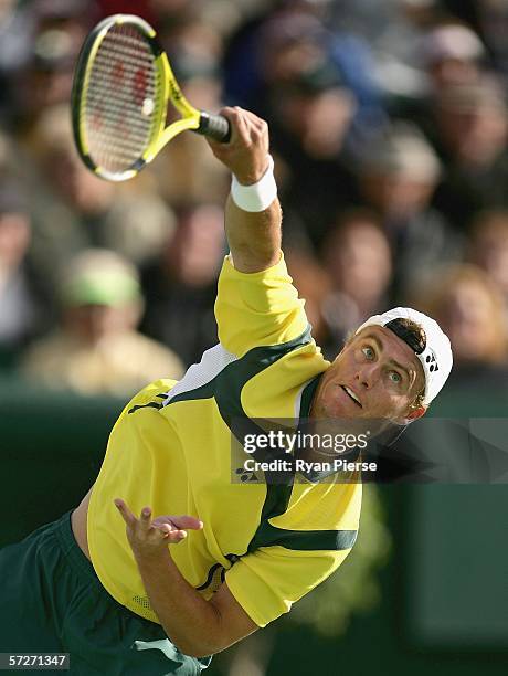 Lleyton Hewitt of Australia serves during his match against Valdimir Voltchkov of Belarus during day one of the Davis Cup World Group Quarterfinal...