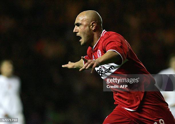 Middlesborough, UNITED KINGDOM: Middlesbrough's Massimo Maccarone celebrates the winning goal against FC Basel during their UEFA Cup quarter-final...