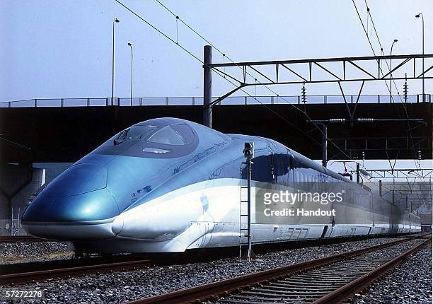 In this handout picture from East Japan Railway, prototype of the next-generation bullet train "Fastech 360S" that aims to run at the world fastest...
