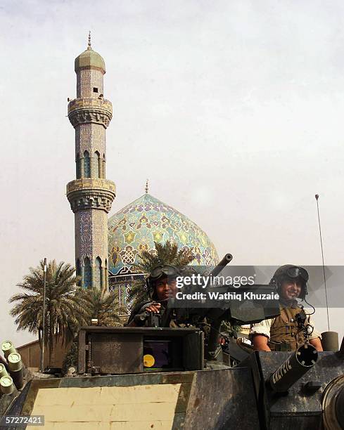 Marines are seen on April 9, 2003 near the at al-Fardous square in Baghdad, Iraq. The third year anniversary since the overthrow of Saddam Hussein...