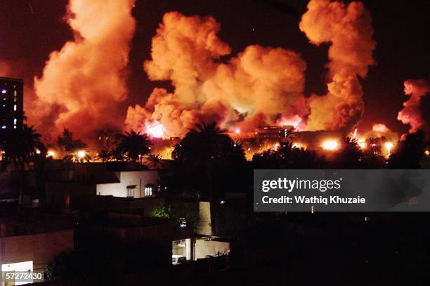 Smoke rises from explosions during the first few minutes of a massive air attack on March 21, 2003 in Baghdad, Iraq. The third year anniversary since...