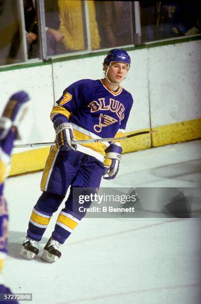 American professional hockey player Joe Mullen, forward for the St ...