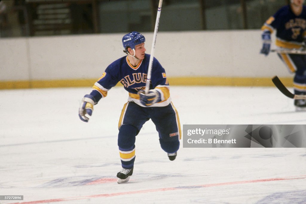 American professional hockey player Joe Mullen, forward for the St ...