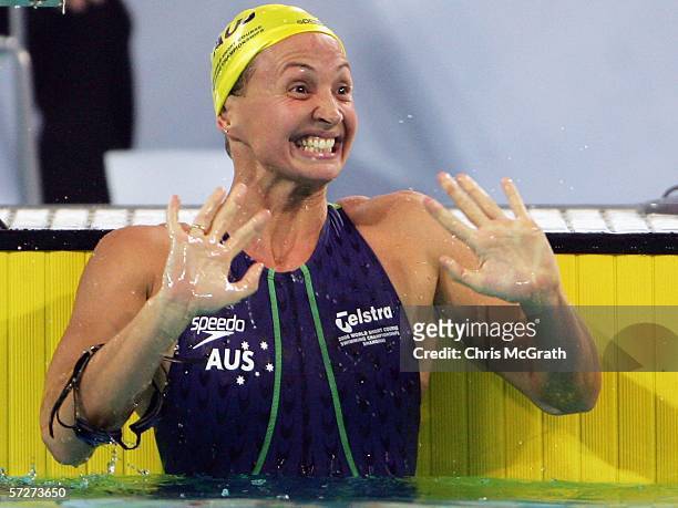 Brooke Hanson of Australia celebrates winning gold in the Women's 100m individual medley during day three of the FINA World Swimming Championships...