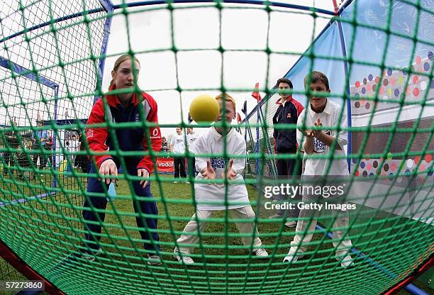 England cricketer Beth Morgan throws the ball at the catching net during the NatWest CricketForce 2006 launch event at Upminster Cricket Club on...