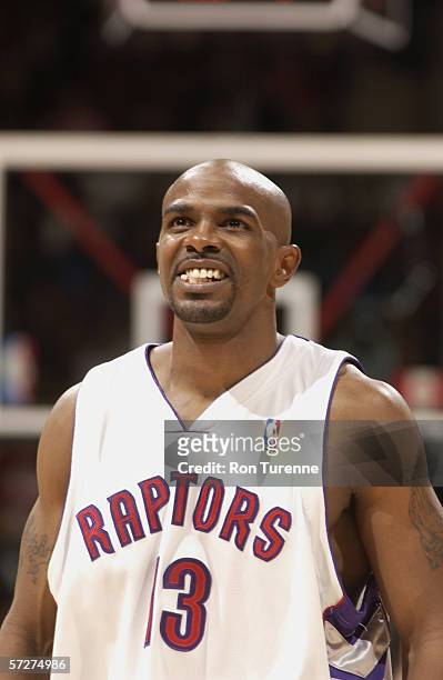 Mike James of the Toronto Raptors smiles during the game against the Minnesota Timberwolves on March 24, 2006 at the Air Canada Centre in Toronto,...
