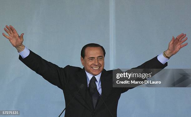 Silvio Berlusconi, leader of Forza Italia and Prime minister, delivers his speech at the last electoral meeting before the election, in Piazza del...