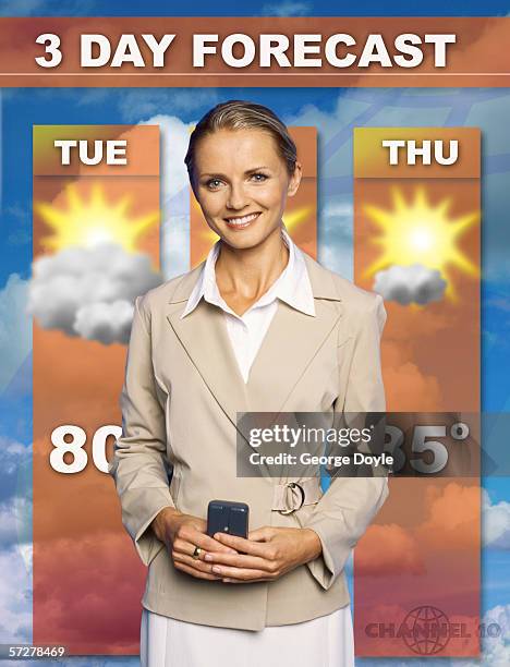 mid adult woman presenting the weather forecast - weather forecaster stock pictures, royalty-free photos & images