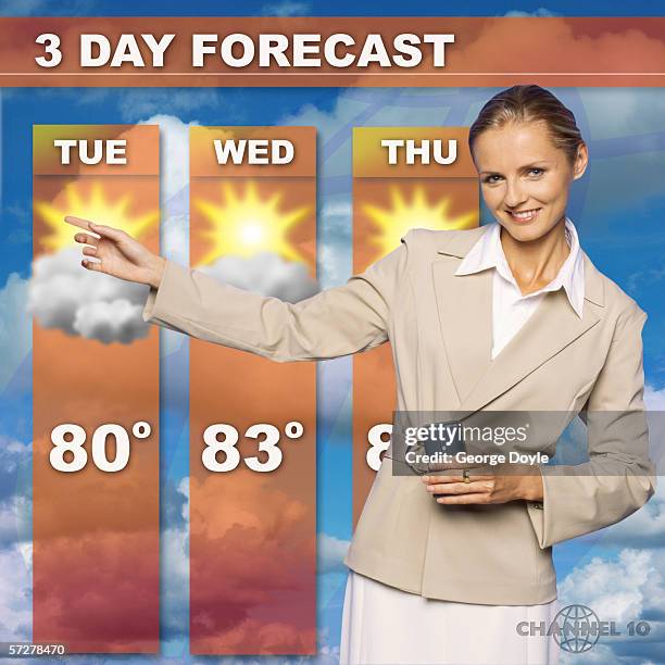 mid adult woman presenting the weather forecast on tv - weather forecaster stock pictures, royalty-free photos & images