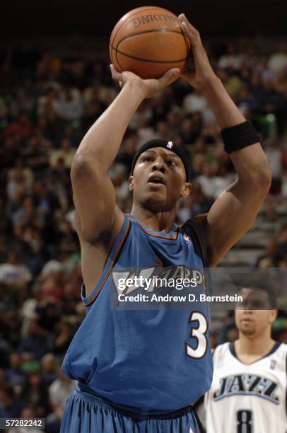 Caron Butler of the Washington Wizards shoots a free throw against the Utah Jazz during the game at Delta Center on March 23, 2006 in Salt Lake City,...