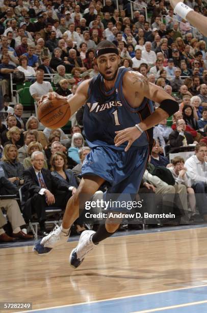 Jared Jeffries of the Washington Wizards dribbles against the Utah Jazz during the game at Delta Center on March 23, 2006 in Salt Lake City, Utah....