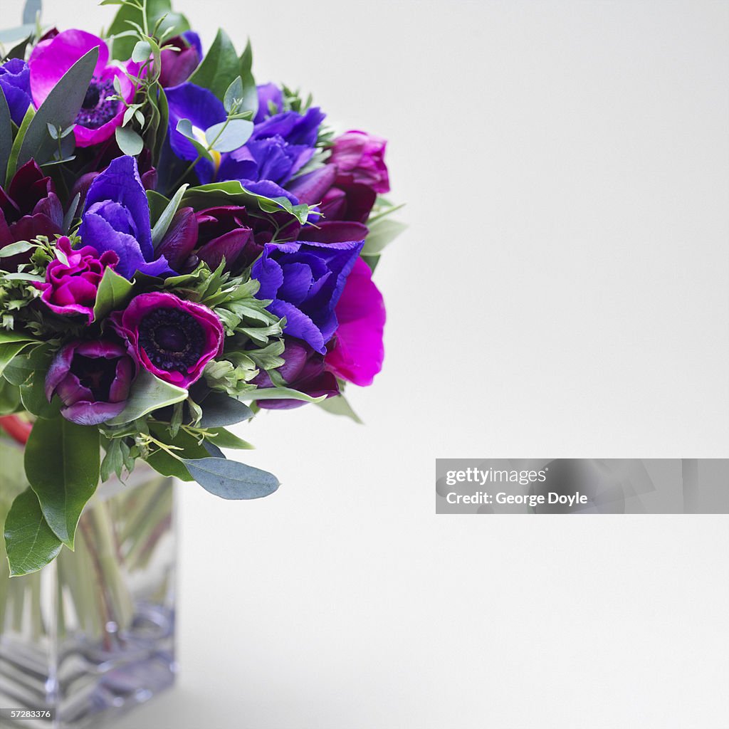 Bouquet of blue and violet flowers in a vase