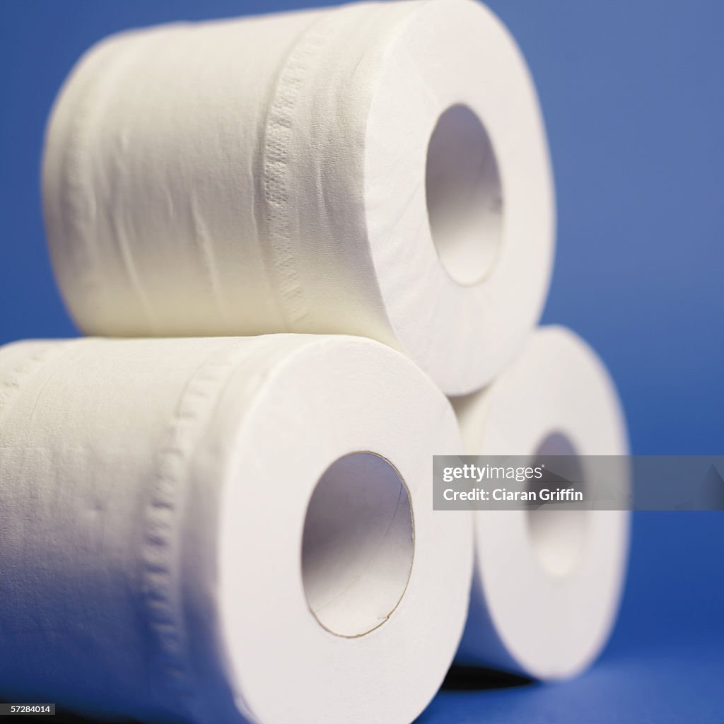 Close-up of toilet paper built in the shape of a pyramid