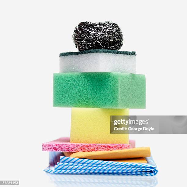 full length view of cleaning items placed on top of each other - brillos stockfoto's en -beelden