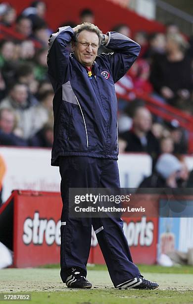 Neil Warnock, manager of Sheffield United looks on during the Coca-Cola Championship match between Sheffield United and Hull City at Bramall Lane on...