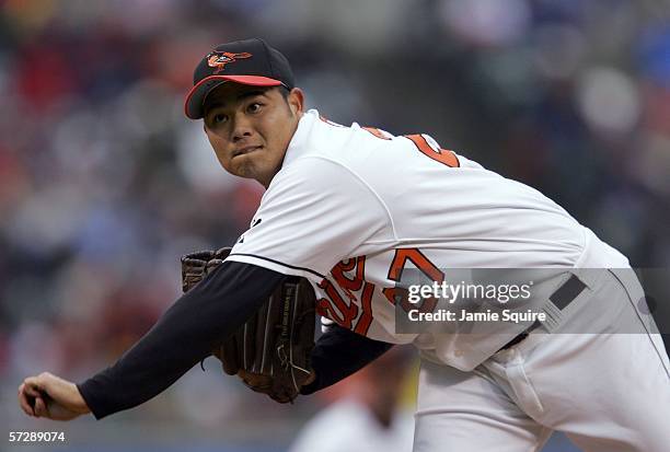 Starting pitcher Bruce Chen of the Baltimore Orioles pitches during the game against the Boston Red Sox on April 8, 2006 at Oriole Park at Camden...